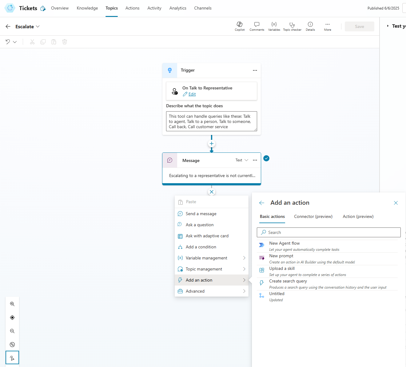 Copilot Topic mit Action und unserem Flow